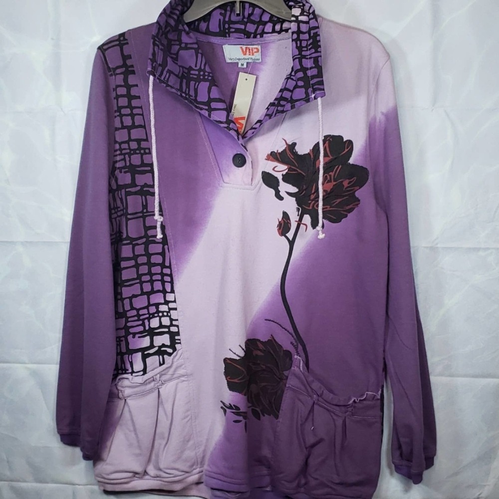 Purple Ombre Rose Pullover Distressed Pockets Sz M